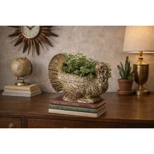 Vintage Primitive Turkey Planter Ceramic Brown‎ Glaze Cottagecore Mid Century